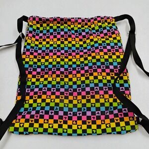 Disney Parks Mickey Checkered Drawstring Backpack Bag Rainbow Colors